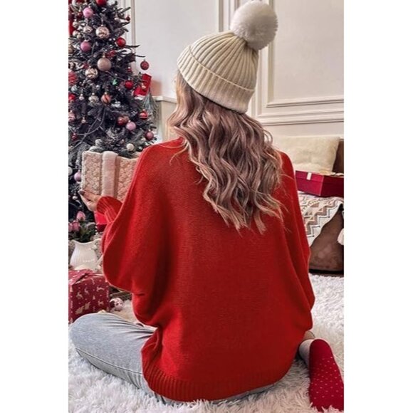 Oversized Christmas Red Sweater Women 2025 Merry Turtleneck Batwing Sleeve - Picture 4 of 6